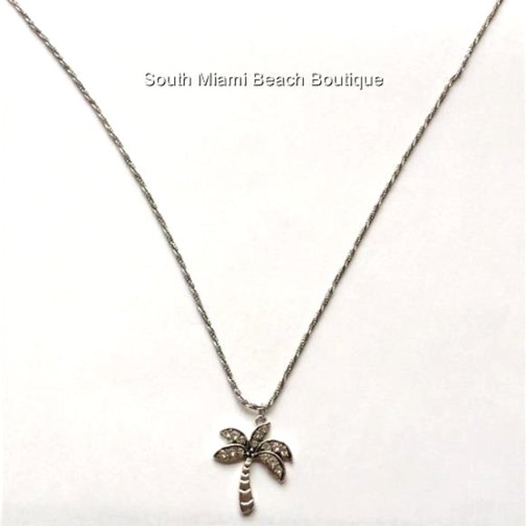 Palm Tree Necklace 24" Crystal Silver Plated BIG Pendant Island Beach Coconut - Picture 5 of 10